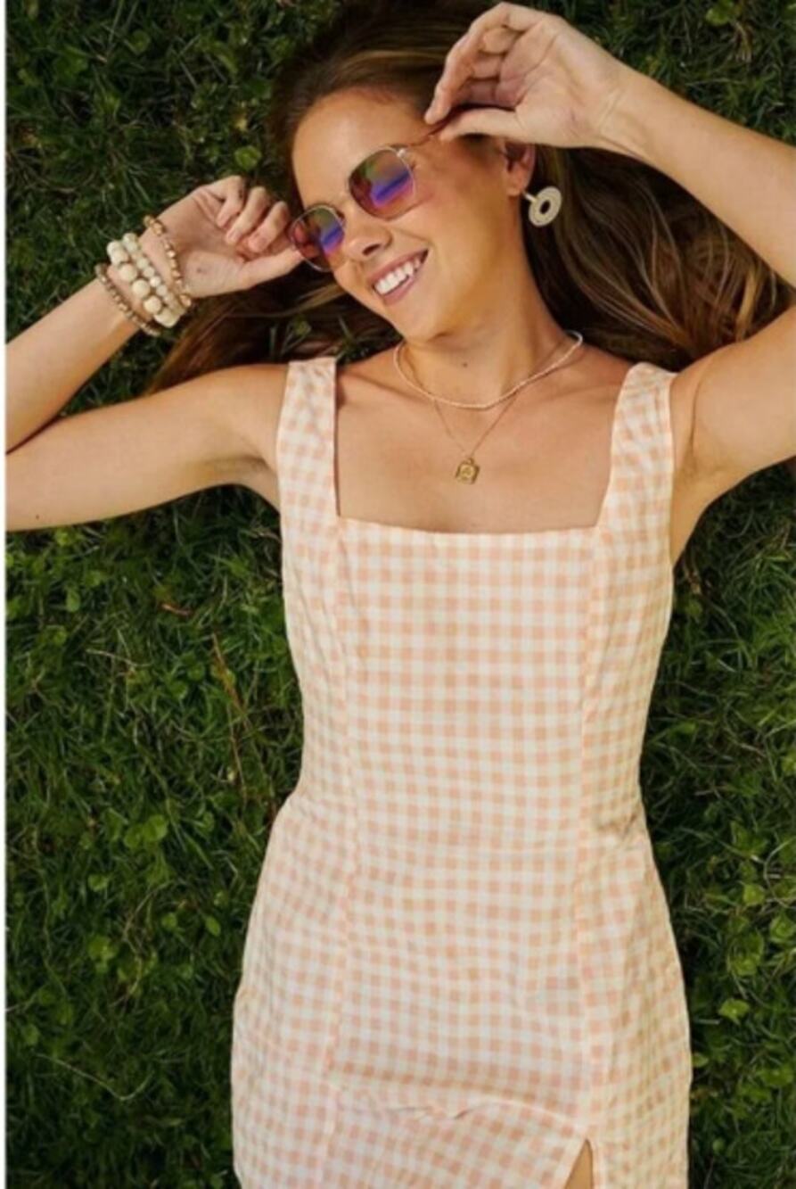 Altar'd State Summer Gingham Peach and White Preppy Mini Dress NWT Medium